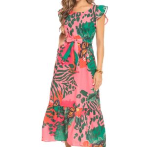 Vibrant Tropical Belted Maxi Dress
