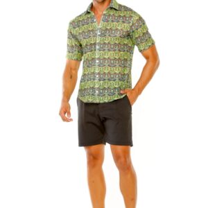Green Textured Mesh Slim Fit Short Sleeve Shirt