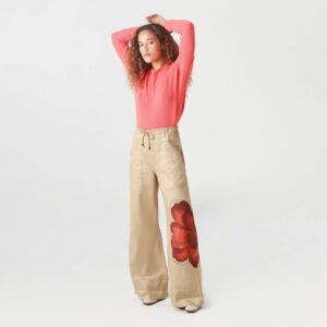 Beige Trousers with Large Red Flower Print